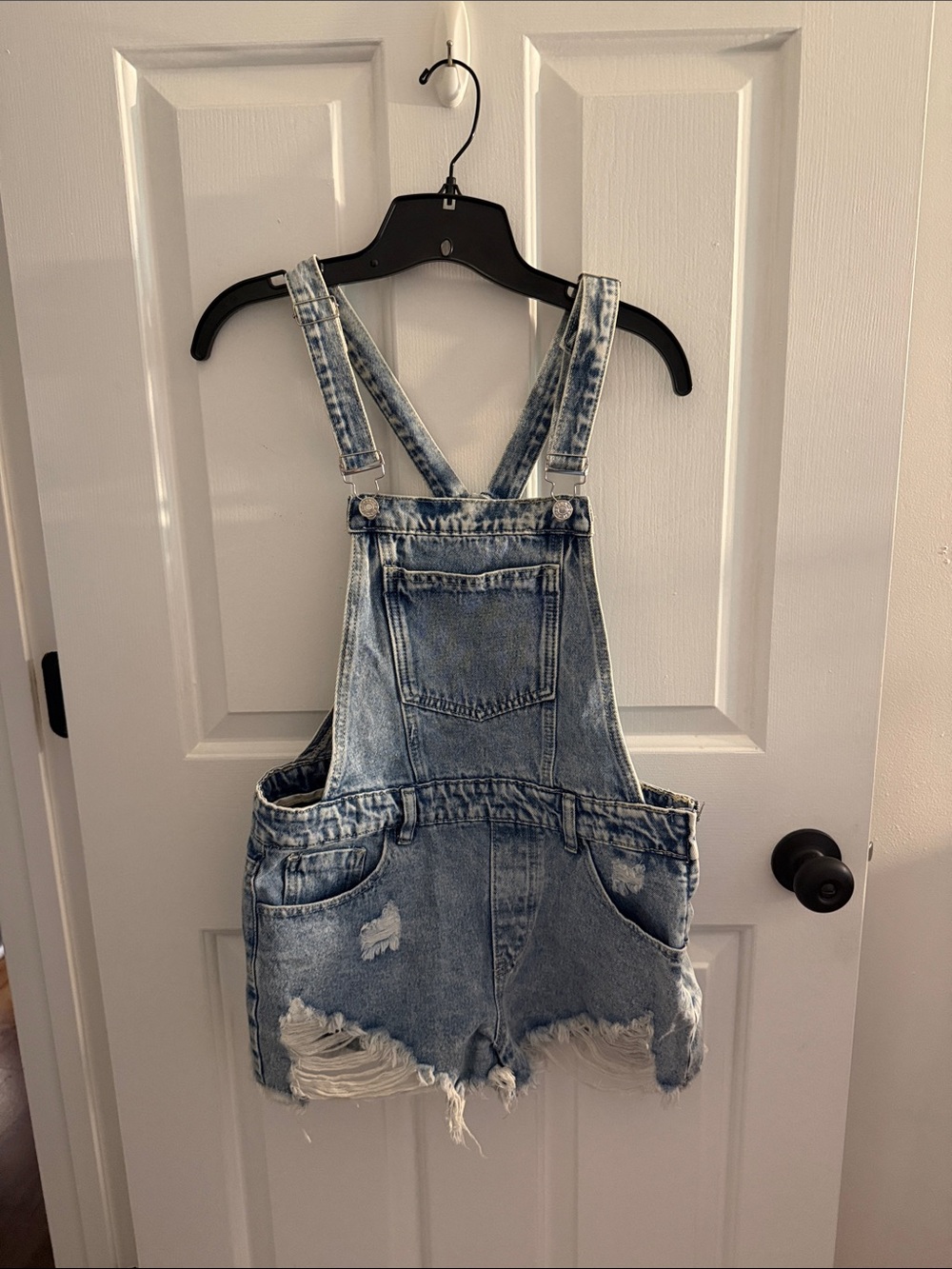 Women’s Distressed Denim Short Overalls - Light Blue
